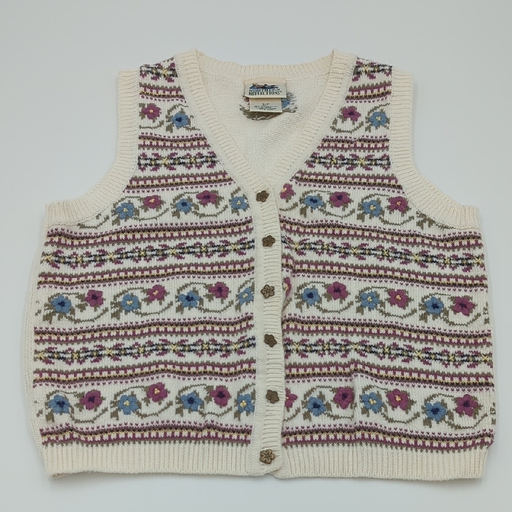 Vintage‎ Northern Reflections Cream Knit Vest Women's Small Cotton Buttons